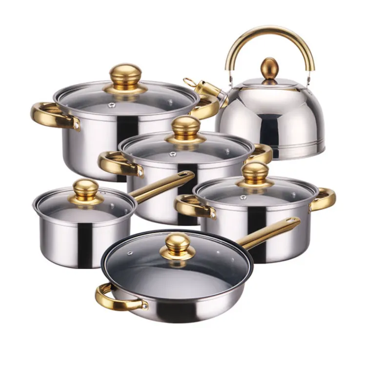 स्टेनलेस स्टील के बर्तन सेट गैर स्टिक पैन 12-टुकड़ा सेट सोना चढ़ाया संभाल स्टेनलेस बर्तन cookware सेट रसोई