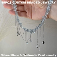 Nouveauté Collier Y2K en perles de pierre naturelle bleue cristalline avec chaîne à pampilles multiples et perles d'eau douce, bijoux maximalistes pour femme