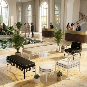 Banc <span class=keywords><strong>de</strong></span> fenêtre arqué ondulé en fer forgé avec coussin <span class=keywords><strong>de</strong></span> siège beige et longue coussinette, banquette pour véranda, villa, hôtel boutique, vente en gros, appartement - Product Image 3