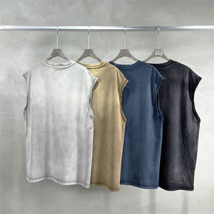 Camiseta masculina sem mangas com bainha de corte cru de alta qualidade, vintage, deprimida, lavagem com ácido, blusa de fundo desbotada, colete - Product Image 1