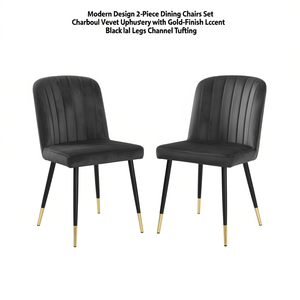 Set di 2 Sedie da Pranzo dal Design Moderno, Rivestimento in Velluto Grigio Scuro, Gambe in Metallo Nero, Trapuntatura a Canale - Product Image 1