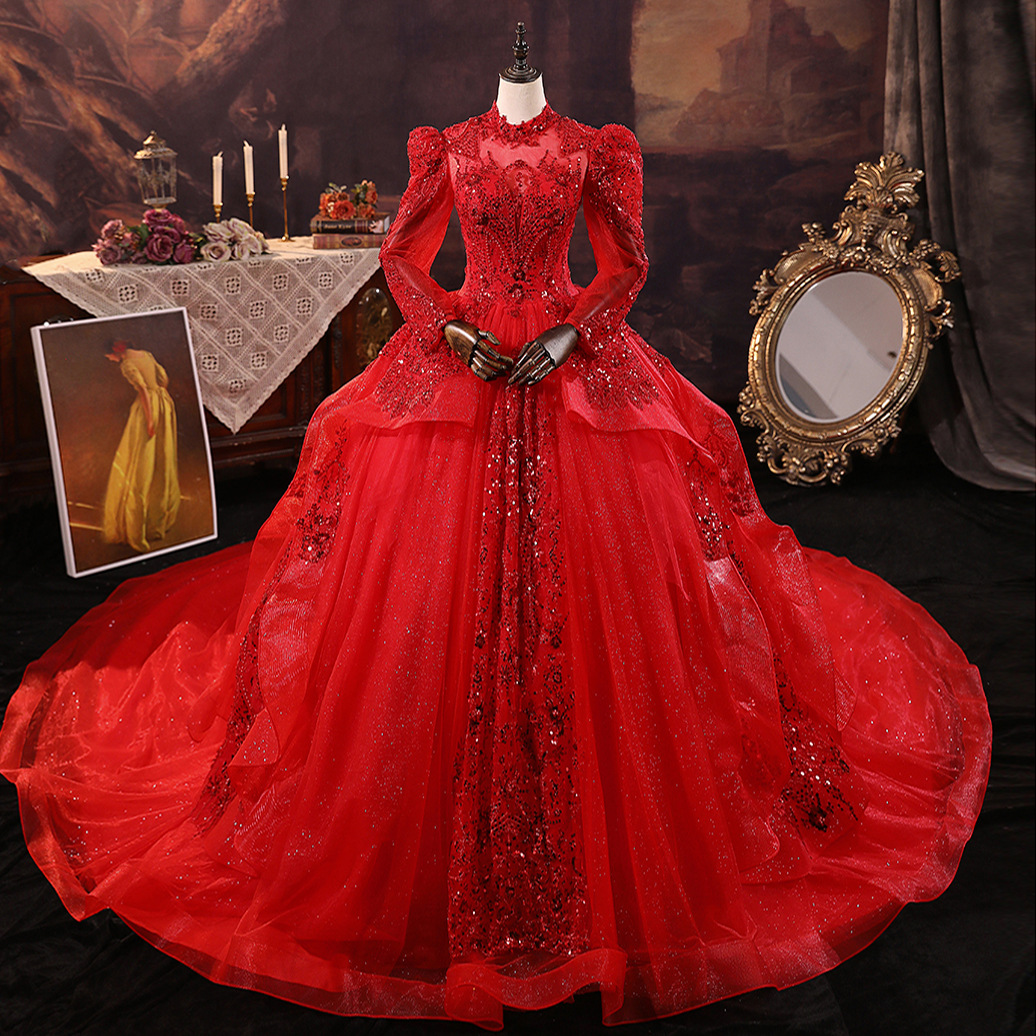 AL1914 2025 Custom Luxury Wine Red Long Sleeves Wedding Dresses