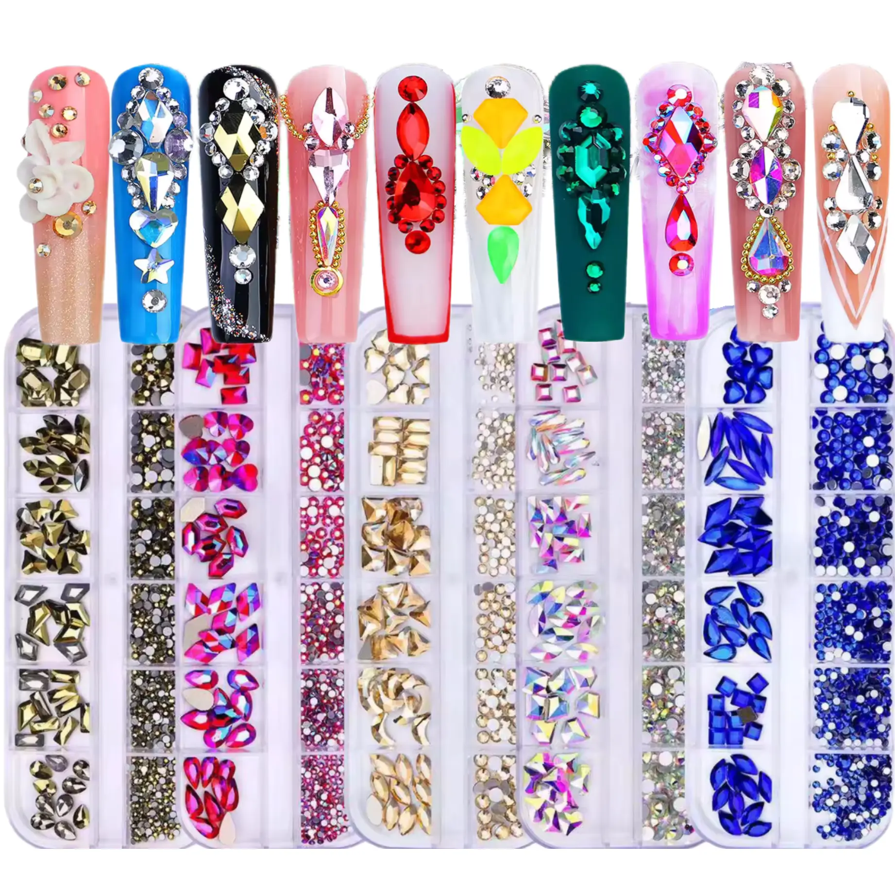 12 Grid Best Seller Nail Stone Nail Rhinestones Crystal AB Kit Multi Shape Glass Diamonds Nails Art Rhinestone Decoration