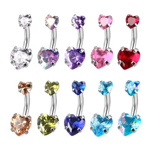 Popular Colorful Zircon Low Allergy Stainless Steel Belly Button Rings Double Heart Belly Ring For Women