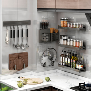 Wall Mounted Kitchen Storage Rack Set Gunmetal Gray Space Aluminum Spice Knife Organizer Multi Functional Rectangle Punch Free - Product Image 1
