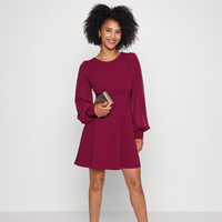Robe décontractée unie rouge bordeaux pour femme, col rond, manches bouffantes en mousseline, coupe trapèze courte, vente en gros