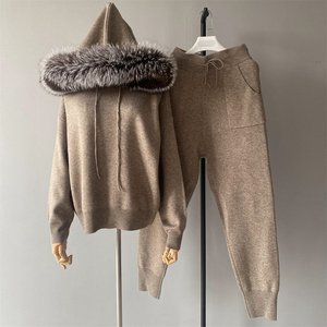 Dệt Kim 2 Mảnh Bộ Phụ Nữ Tracksuit Dài Tay Áo Trùm Đầu Bất Fox Fur Áo Len Crop Top Giản Dị Quần Căng Phù Hợp Với Phù Hợp Với Trang Phục - Product Image 4