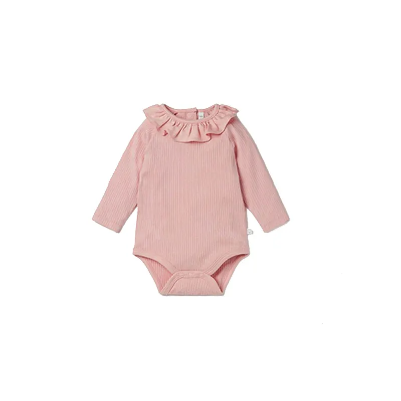 Pinuotu Solid Pink Baby Rompers Striped Kids Wear Neck Frill New Born Girls Ribbed Toddlers Ruffle Plain Onesies Bodysuit