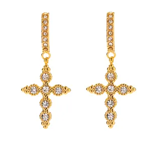 Delicate Cambered Cross Zircon Pendant Zirconium 18k Gold Plated Stainless Steel Earrings Women's Wholesale