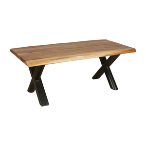 Table basse rustique moderne en bois massif avec bord naturel et base en fer noir, robuste et durable - Product Image 4