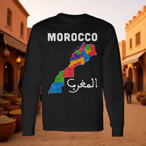 T-shirt à manches longues avec carte du Maroc, texte arabe, design fierté et racines - Product Image 3