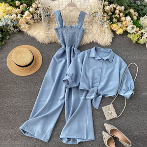 Conjunto de Dos Piezas Estilo Vacacional, Pantalones Anchos Plisados con <span class=keywords><strong>Tirantes</strong></span>, <span class=keywords><strong>Camisa</strong></span> Tipo Cárdigan de <span class=keywords><strong>Manga</strong></span> <span class=keywords><strong>Corta</strong></span> con Cuello, Moda Femenina - Product Image 2