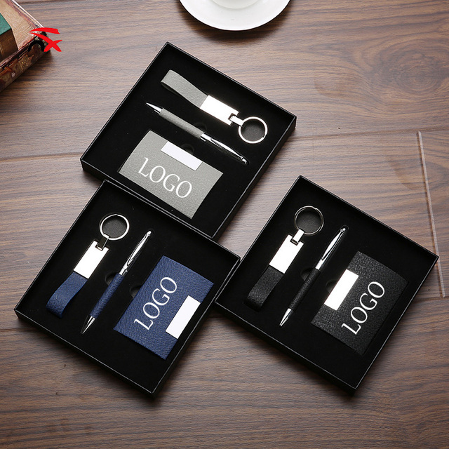 Custom Exquisite Business Card Holder Keychain PU Metal Pen Set with Printing logo for Cooperation Office Gift