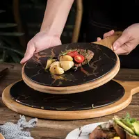 Muster Luxus Runde Teller Restaurant Keramik Abendessen Western Teller Pizza Gerichte Nordic Gold Inlay Marmor mit Bambus basis