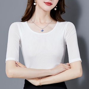 เสื้อแขนยาวปานกลางผ้าตาข่ายสีดำสำหรับผู้หญิง ทรงเข้ารูป สีพื้น ผ้ายืดสแปนเด็กซ์ เสื้อชั้นใน - Product Image 2