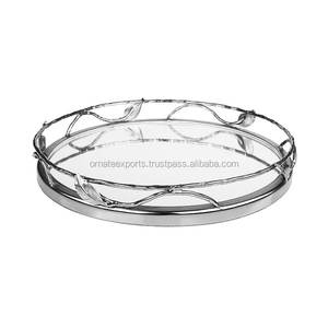 Modern Round <b>Silver</b> Leaf Patterned Serving <b>Tray</b> <b>Mirror</b> Decorative Metal <b>Tray</b> - Product Image 1