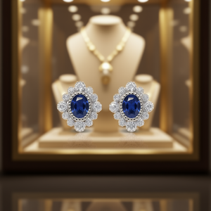 Orecchini a perno blu zaffiro brillante con taglio ovale e design floreale, montatura a castone, gioielli da donna alla moda in lega - Product Image 2