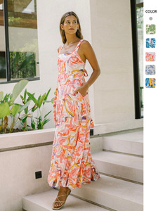 เดรสยาวทรงเอไลน์สำหรับผู้หญิง ระบายอากาศได้ดี เป็นมิตรกับสิ่งแวดล้อม คอเหลี่ยม เอวสูง ลายดอกไม้ สายเดี่ยว ผ้าโพลีเอสเตอร์ 100% สำหรับใส่ในชีวิตประจำวัน - Product Image 3