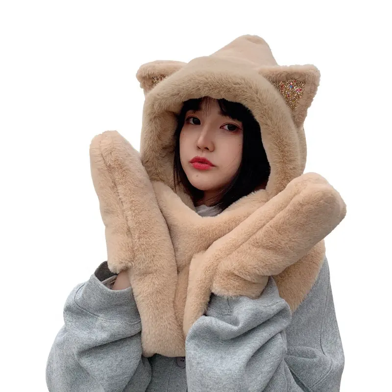 Chapeaux d'hiver en peluche 3 en 1 pour femme, écharpe chaude, tricot doux de dessin animé, gants mitaines avec poches, sweat à capuche, longue enveloppe châle, vente en gros,