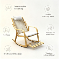 Fauteuil à bascule d'extérieur moderne, en alliage d'aluminium imitation bois fait main, avec repose-pieds extensible, idéal pour le bord de la piscine, la véranda ou le jardin.