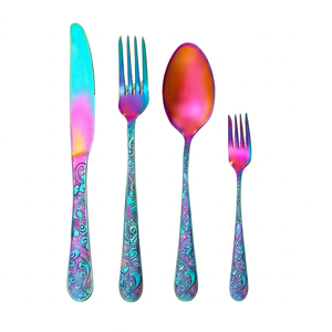 Ensemble d'ustensiles de table en métal plaqué arc-en-ciel avec motif floral, design glamour, résistant à la rouille, ustensiles de fête - Product Image 1