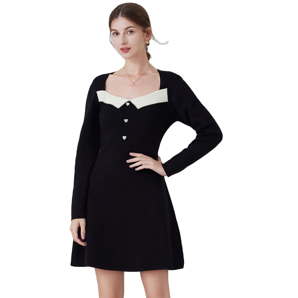 Style Elegant Black Knitted Dress Square Collar Waist Slimming A- Line  Sweater Skirt Long Sleeve Bottoming Dress Female| Alibaba.com