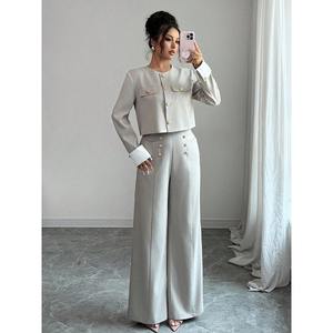 ハイエンド女性用カジュアルツーピーススーツショートカラーレスジャケットとパンツ - Product Image 3