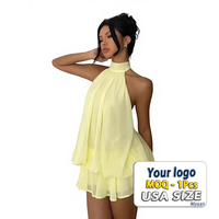 Gaun Liburan Pantai Pendek Bahan Sifon Model Halter Neck A-line High Waist Seksi Gaya Sanya Eropa/Amerika untuk Pesta Teh