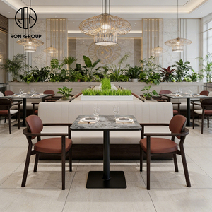 Asientos de Banco de Cuero PU Beige Personalizados y Contemporáneos para Restaurante, con Mesa de Piedra y Silla de Madera para Cafetería, Tienda de Café y Té - Product Image 2