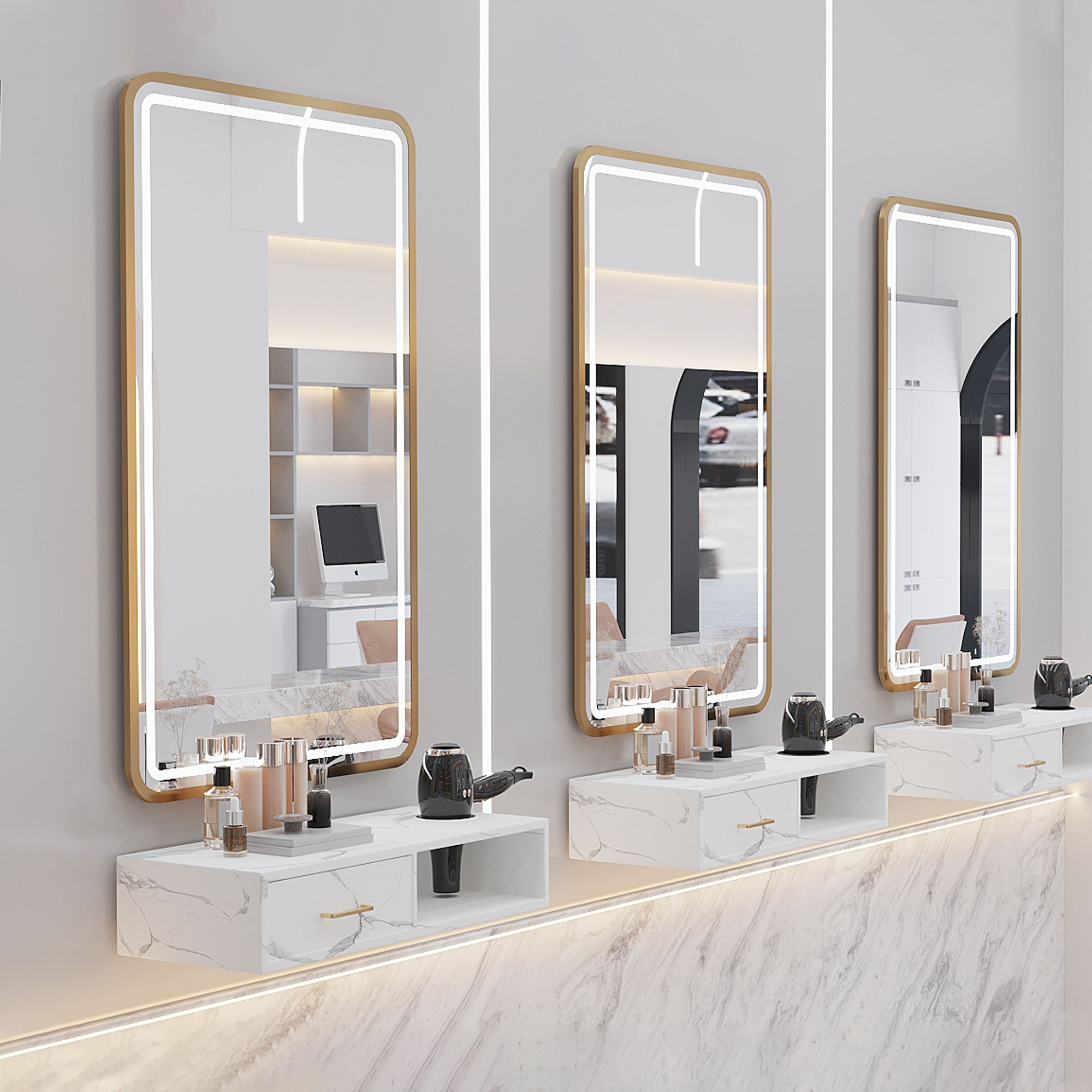 Gold-framed rectangle + white wall cabinet