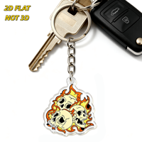 Porte-clés en acrylique Têtes de mort flamboyantes, breloque gothique découpée avec motif feu et os pour motards, joueurs, fans de métal, pendentif transparent et durable