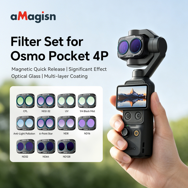AMagisn Camera Lens Filters for DJI Osmo Pocket 4P ND8 ND16 ND32 ND64 Sets Filters Optical Glass Filter Magnetic Mounting