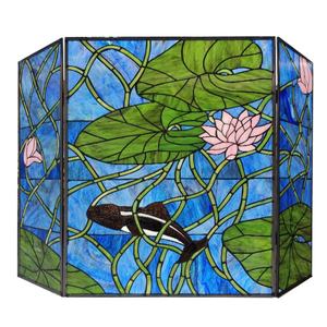 Écran de cheminée Tiffany en verre artistique décoratif, style campagnard européen, motif lotus et poissons, soudé à la feuille d'étain, 40''*28'' - Product Image 1