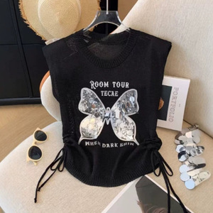 Women Knitted Vest Butterfly <b>Sequin</b> Drawstring Summer <b>Top</b> Khaki White <b>Black</b> Polyester Sweater - Product Image 3