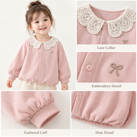 Chemisier à manches longues pour filles, col Peter Pan en dentelle, boutonnage frontal, broderie nœud, OEM ODM, vente en gros, haut pour tout-petits
