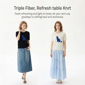 <span class=keywords><strong>T</strong></span>-<span class=keywords><strong>shirt</strong></span> d'é<span class=keywords><strong>t</strong></span>é décontracté haut de gamme pour femme en mélange de soie de mûrier, tricot jacquard motif chat, à manches courtes - Product Image 3