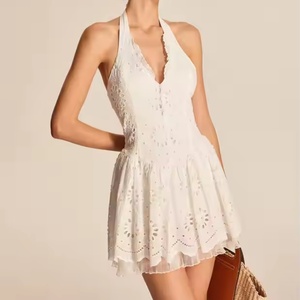 Vestido de Verano al por Mayor a Bajo Precio para Mujer, Sexy, con Tirantes Finos, de Lino y Algodón, Vestidos Modestos, Vestido de Playa Sólido con Encaje Hueco - Product Image 5