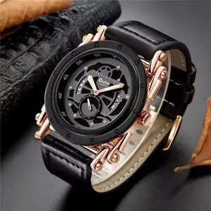 欧姆3399镂空设计手表独特的日历石英钟男式皮革表带手表男式手表带秒表