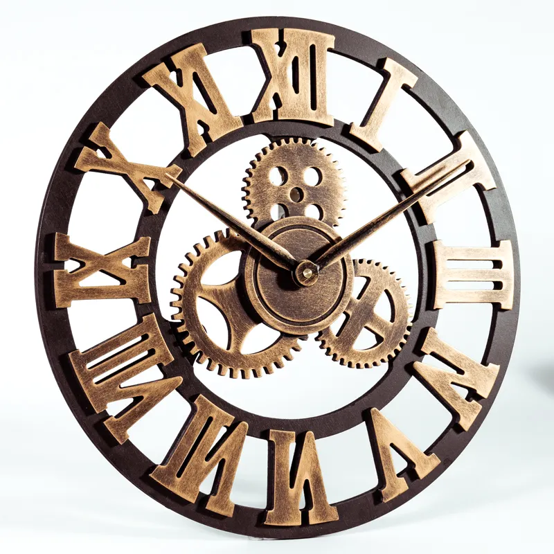 Amazon 40cm 80 cm Luxury Hanging Retro Gear Wood Silent Large Digital Bronze Gold Wooden Craft MDF Decorative Wall Clock