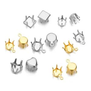 Tự Làm Đồ Trang Sức Phụ Kiện Trống Rỗng Zircon Thép Không Gỉ Rhinestone Claw Cài Đặt Phẳng Vòng Rỗng Claw Mặt Dây Chuyền Với Hoop