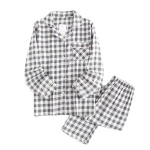 Pigiama in Garza di Cotone Pettinato Traspirante a Quadri Primavera Estate Stile Giapponese Lunghezza Intera con Colletto a Risvolto per Bambini e Bambine - Product Image 2