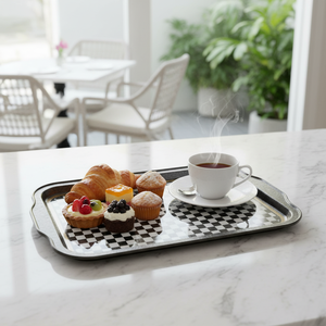 Kontensan EF16217 <b>Large</b> 215x316mm Decorative <b>Tray</b> with Checkerboard Handle Stainless Steel and Glass for Food <b>Serving</b> - Product Image 3