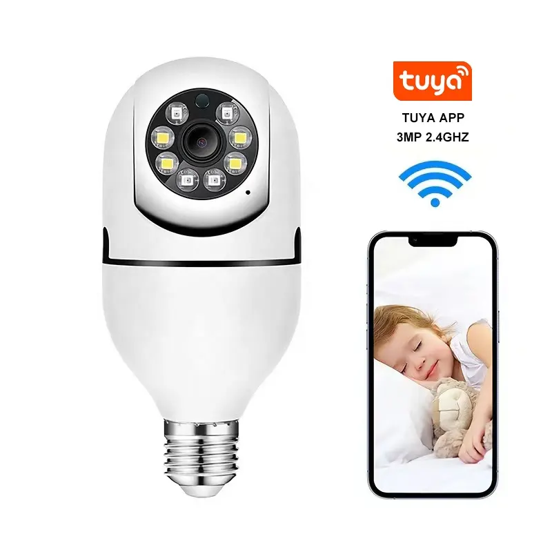 High quality Tuya smart 3mp 2.4g wireless wifi cctv e27 PTZ IP light bulb security camera 360 panoramic with Two-way speech