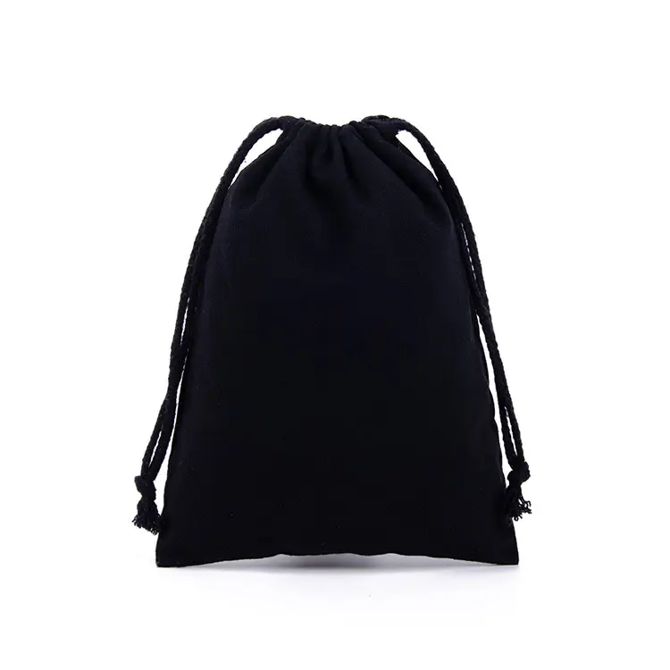 Impresión de logotipo personalizado tela de embalaje negro reutilizable respetuoso con el medio ambiente grande negro muselina Calico lona algodón cordón bolsa bolsas