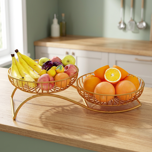 Corbeille à fruits moderne à double niveau, conteneur de rangement rond pour cuisine, paniers en métal sur pied - Product Image 4