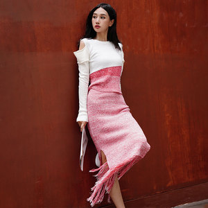 2025 falda de suéter informal larga para mujer, falda Midi de punto rojo a la moda con flecos para otoño para damas - Product Image 2