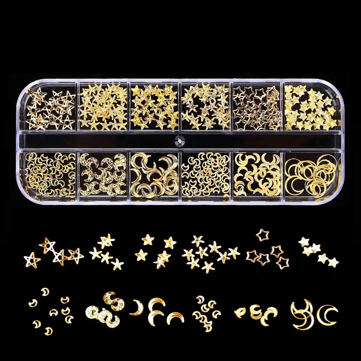 New 12 Grid Mixed Style Nail Art Moon star Gold Metal Rivet Studs 3D DIY Charm Decoration Accessories
