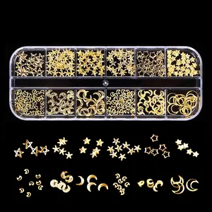 Accesorios de decoración para uñas, tachuelas de Metal dorado de remache, estrella de Luna, estilo mixto, 12 cuadrículas, DIY