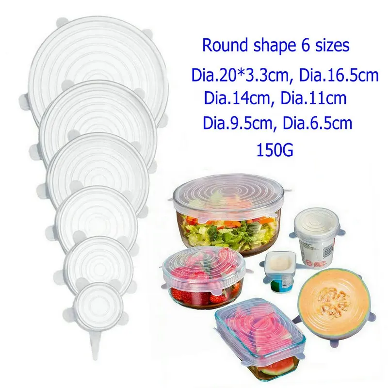 BPA Miễn Phí Tốt Tính Linh Hoạt Cao Minh Bạch Vòng Hoặc Vuông Stretch Có Nắp Đậy 6 Gói Silicone Tái Sử Dụng Thực Phẩm Bao Gồm