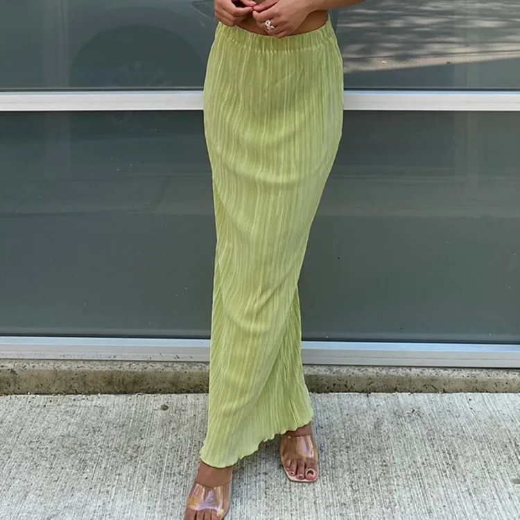 Enyami Vacation Outfits Fashion 2023 Elegant Vintage Plisse Casual Bottoms Summer White Green Long Maxi Pleated Skirts Women